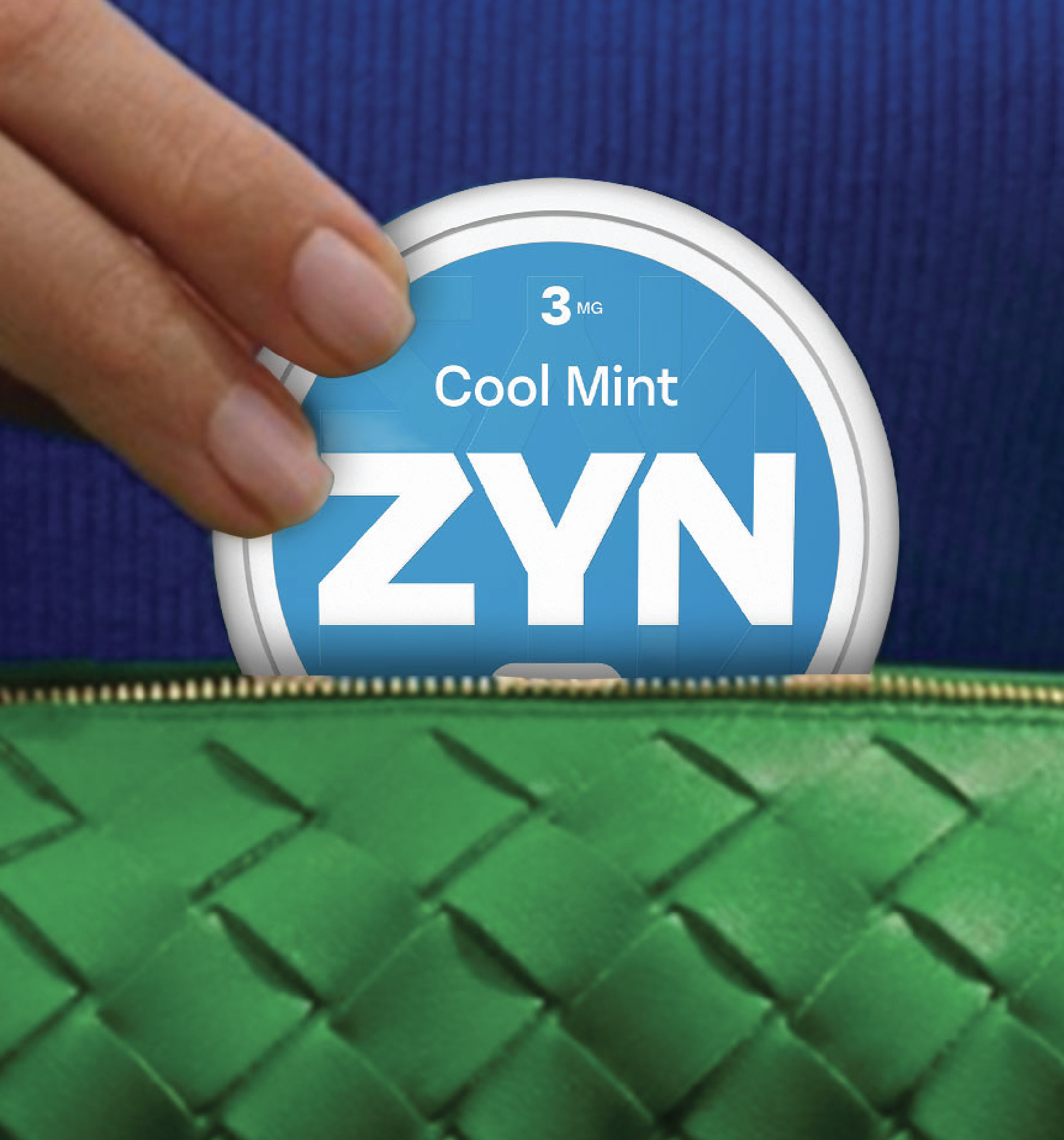 Image of a ZYN Cool Mint can being placed into a green pouch.